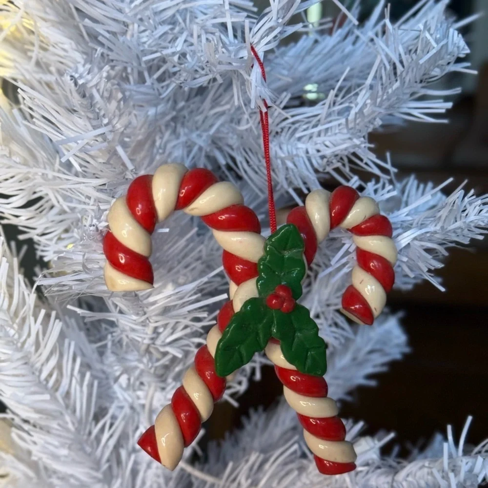 Vintage 1984 Festive Candy Cane Ornament with Holly Accents